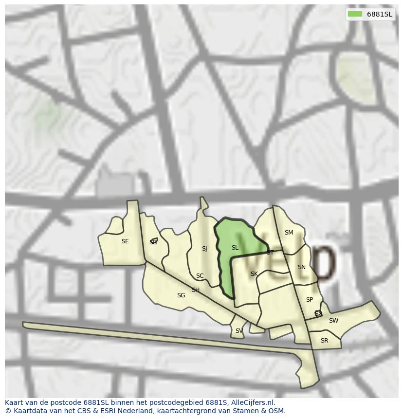 Afbeelding van het postcodegebied 6881 SL op de kaart.