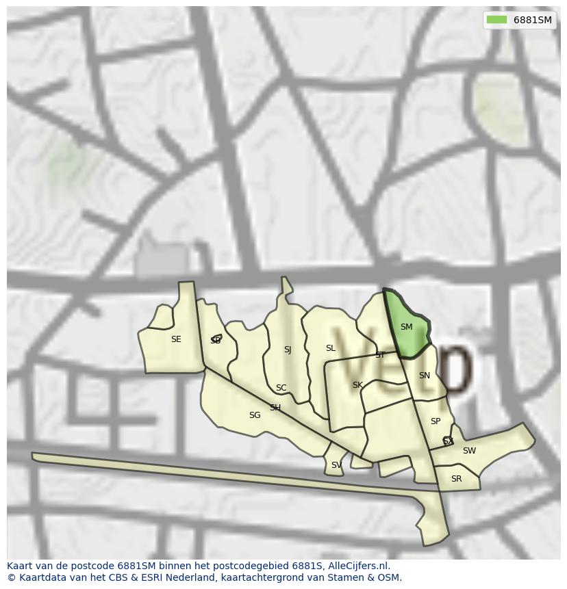 Afbeelding van het postcodegebied 6881 SM op de kaart.