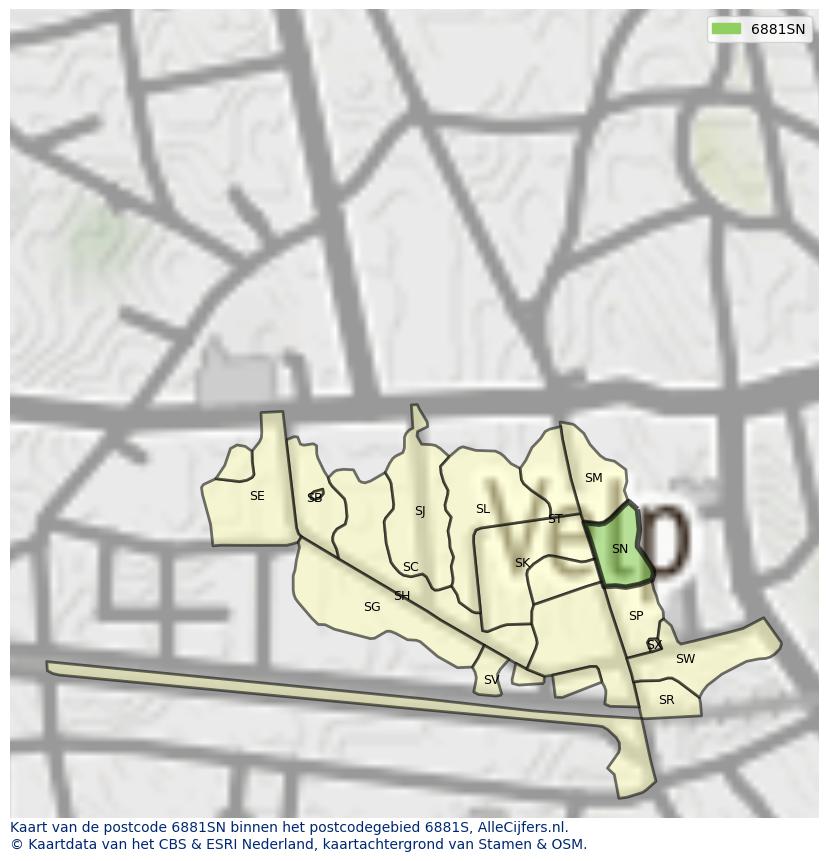 Afbeelding van het postcodegebied 6881 SN op de kaart.