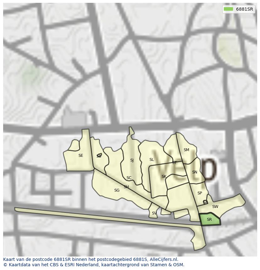 Afbeelding van het postcodegebied 6881 SR op de kaart.