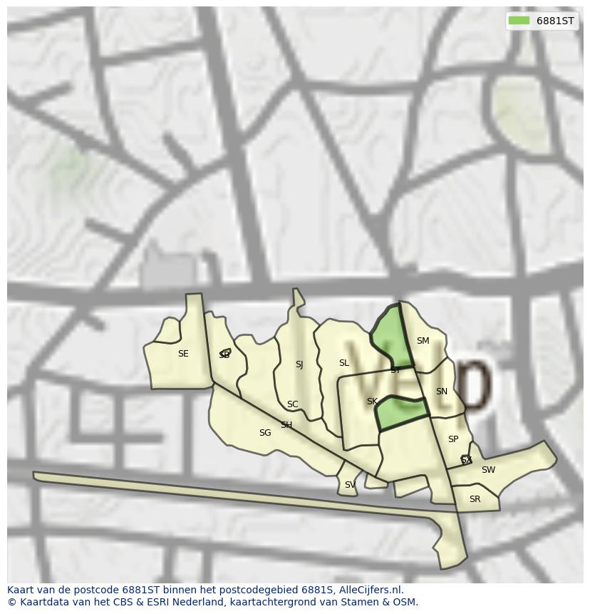 Afbeelding van het postcodegebied 6881 ST op de kaart.