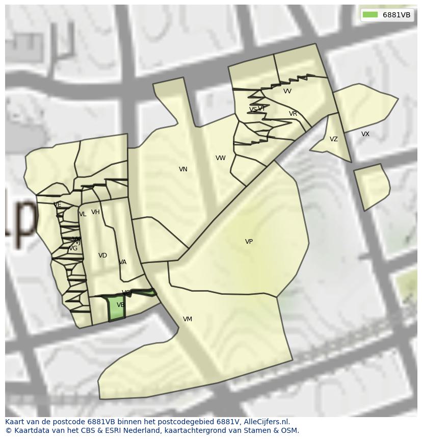 Afbeelding van het postcodegebied 6881 VB op de kaart.