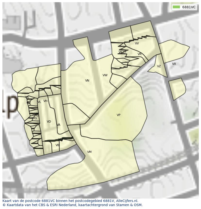 Afbeelding van het postcodegebied 6881 VC op de kaart.