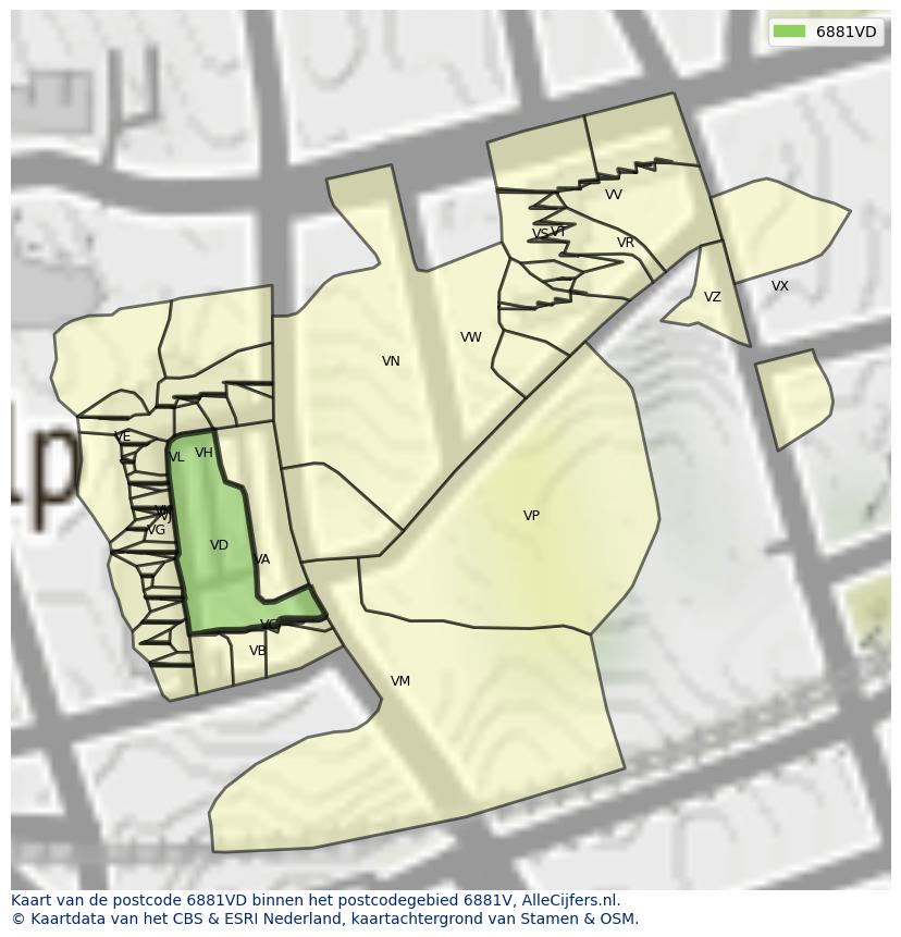 Afbeelding van het postcodegebied 6881 VD op de kaart.