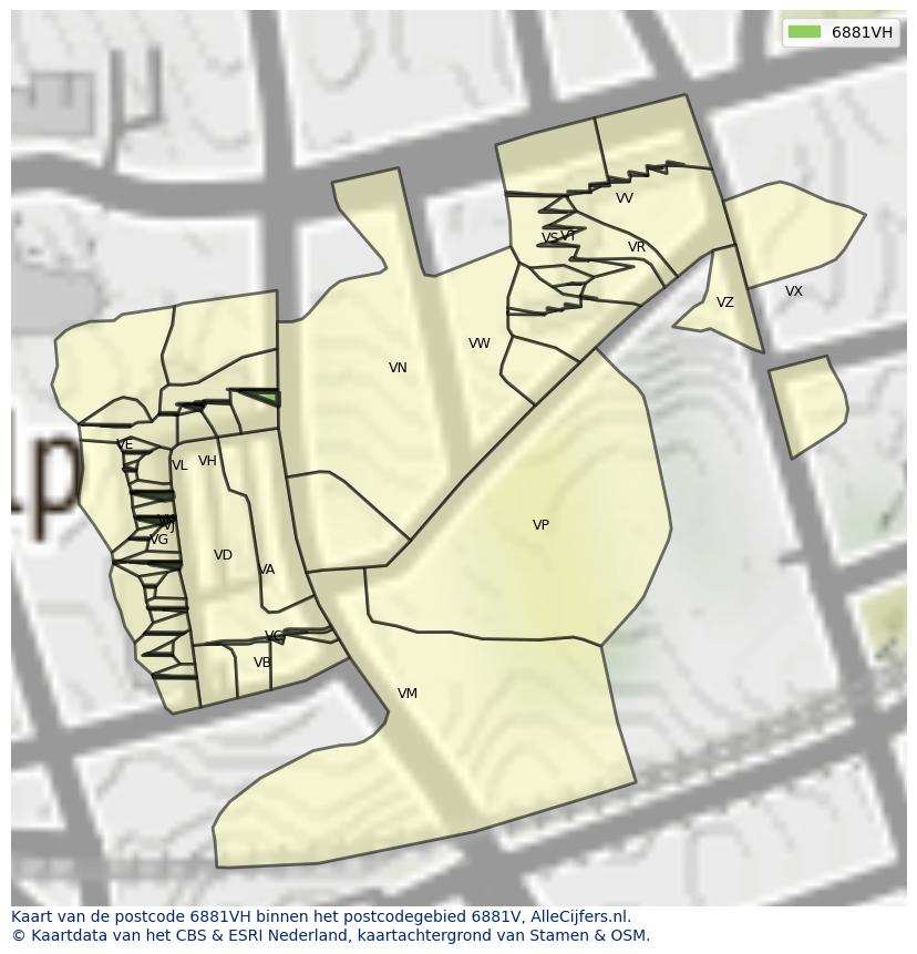 Afbeelding van het postcodegebied 6881 VH op de kaart.