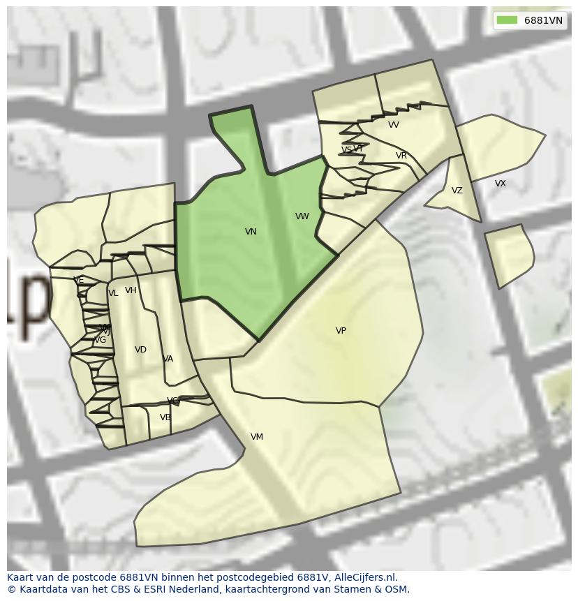 Afbeelding van het postcodegebied 6881 VN op de kaart.