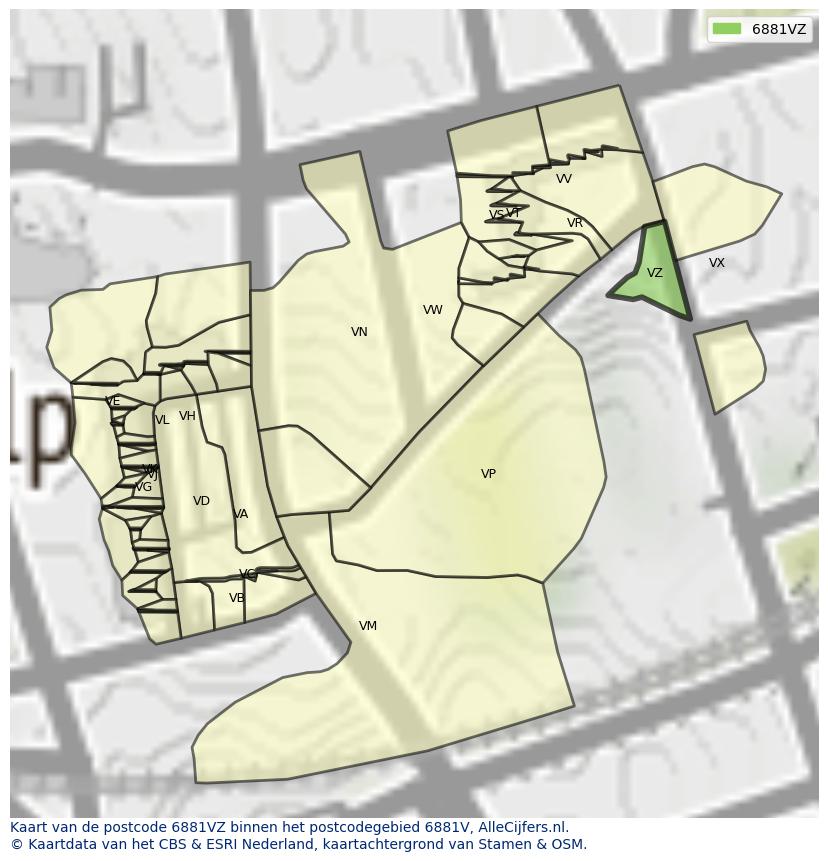Afbeelding van het postcodegebied 6881 VZ op de kaart.