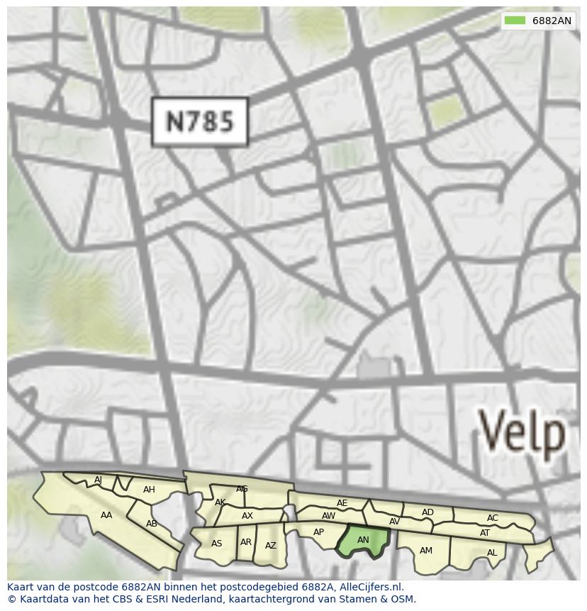 Afbeelding van het postcodegebied 6882 AN op de kaart.