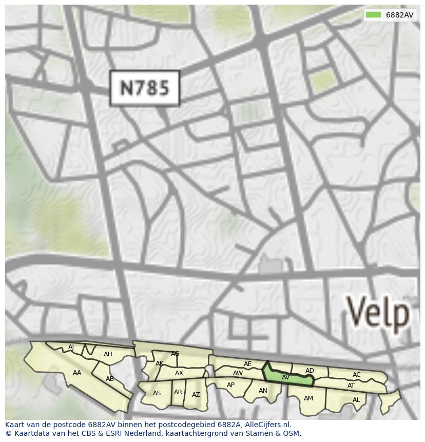 Afbeelding van het postcodegebied 6882 AV op de kaart.