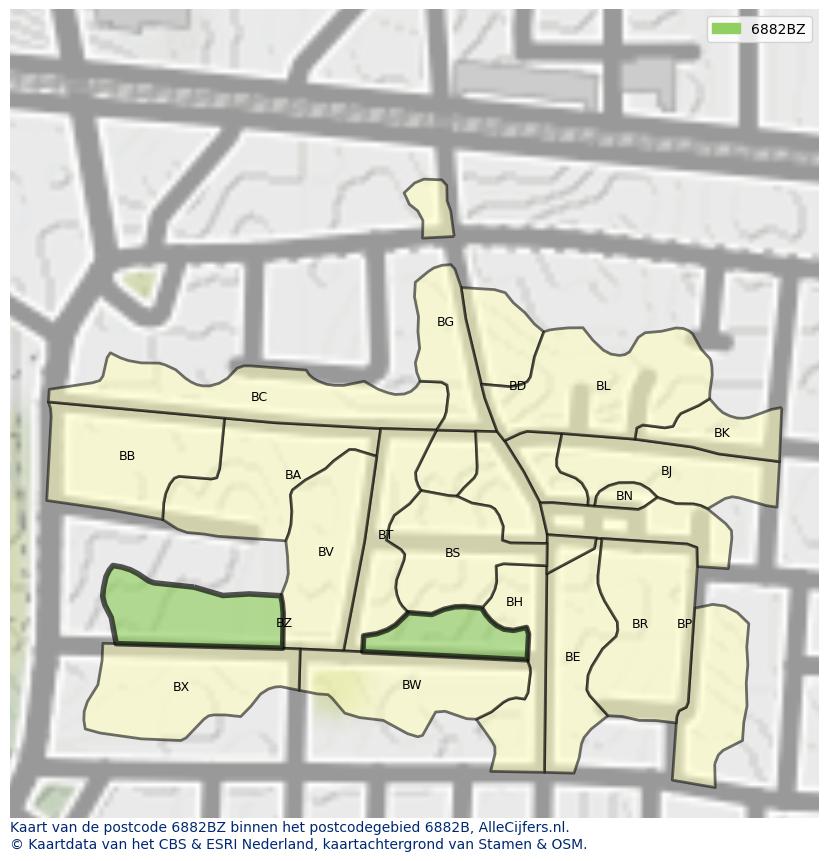 Afbeelding van het postcodegebied 6882 BZ op de kaart.