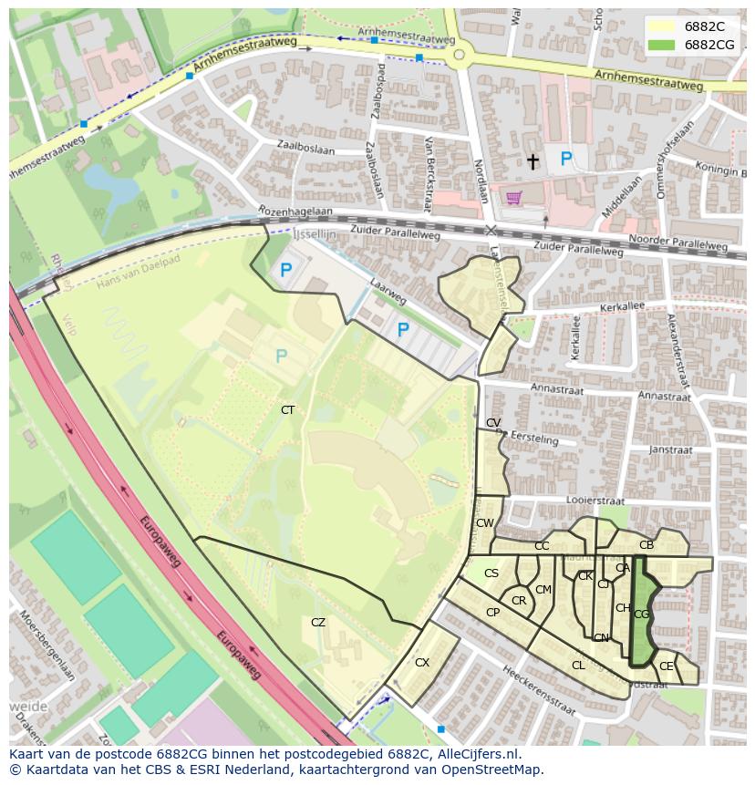 Afbeelding van het postcodegebied 6882 CG op de kaart.