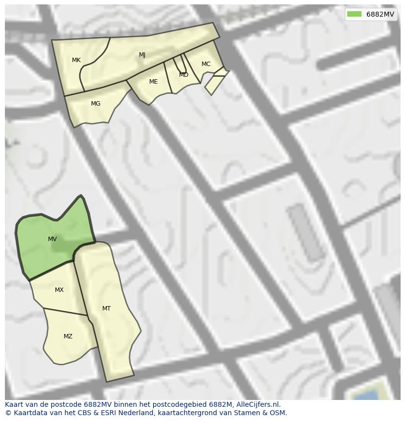 Afbeelding van het postcodegebied 6882 MV op de kaart.