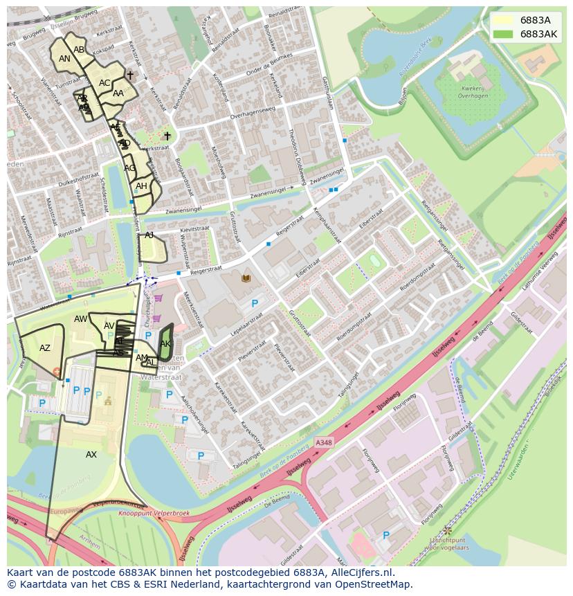Afbeelding van het postcodegebied 6883 AK op de kaart.