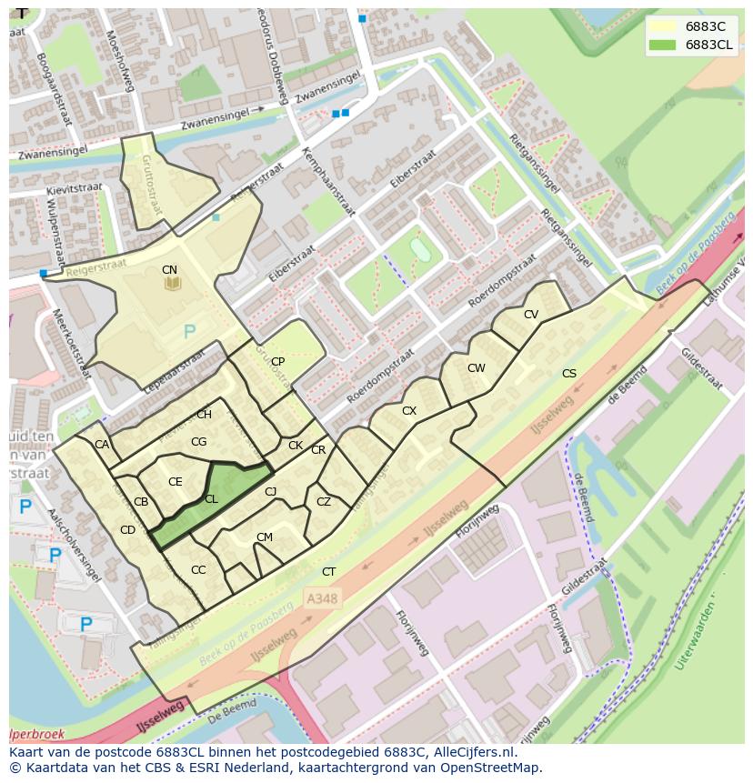 Afbeelding van het postcodegebied 6883 CL op de kaart.
