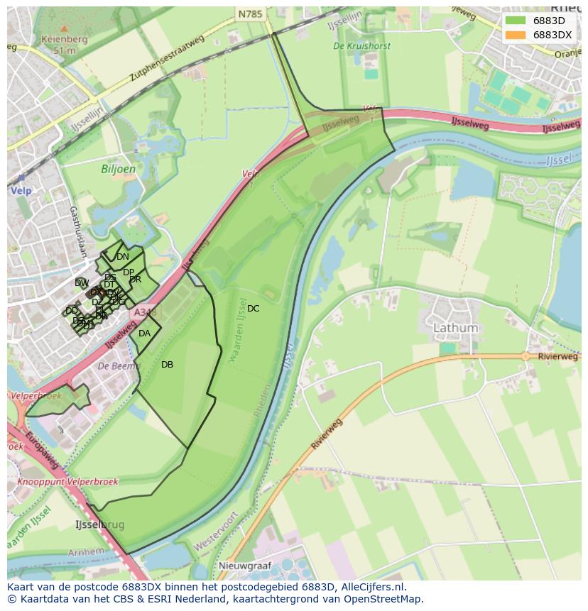Afbeelding van het postcodegebied 6883 DX op de kaart.