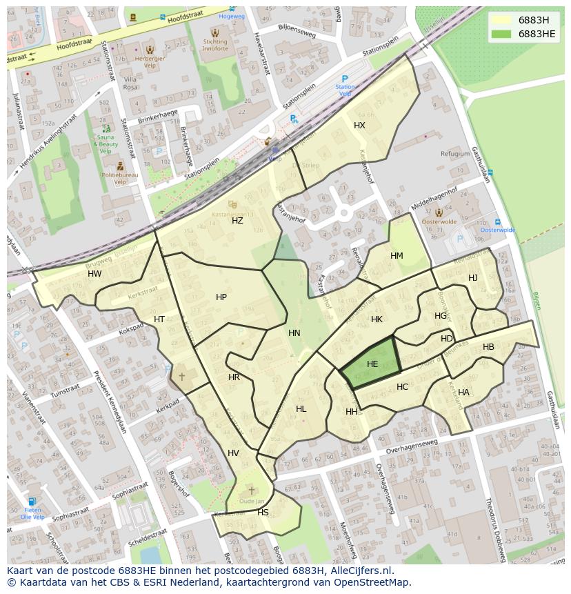 Afbeelding van het postcodegebied 6883 HE op de kaart.