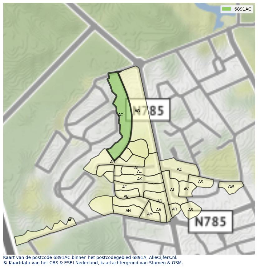 Afbeelding van het postcodegebied 6891 AC op de kaart.