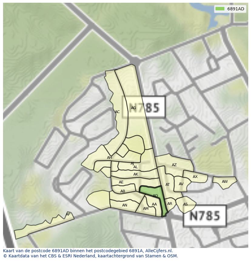 Afbeelding van het postcodegebied 6891 AD op de kaart.