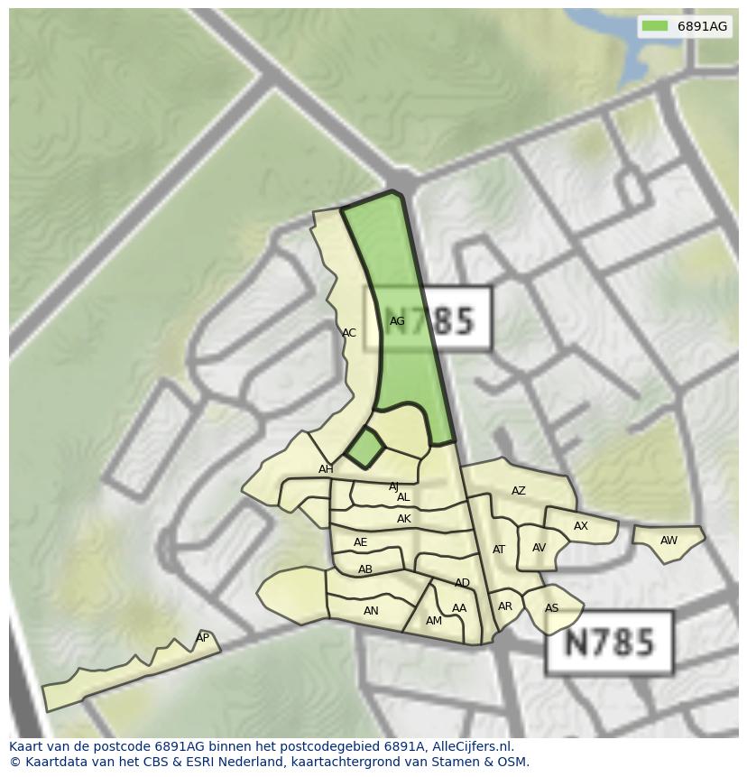 Afbeelding van het postcodegebied 6891 AG op de kaart.