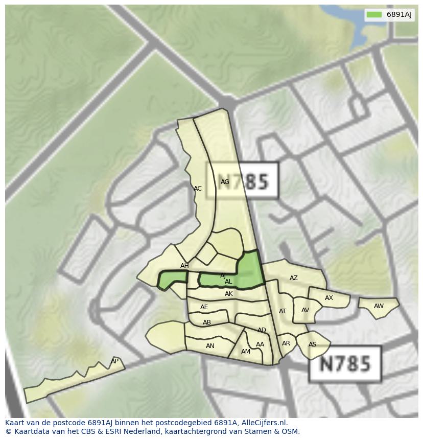 Afbeelding van het postcodegebied 6891 AJ op de kaart.