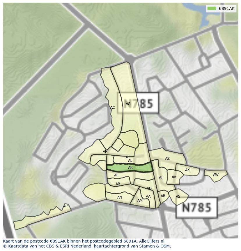 Afbeelding van het postcodegebied 6891 AK op de kaart.