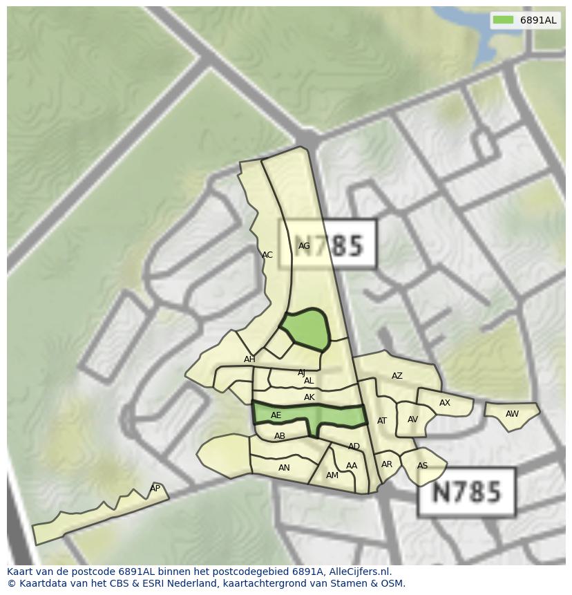 Afbeelding van het postcodegebied 6891 AL op de kaart.