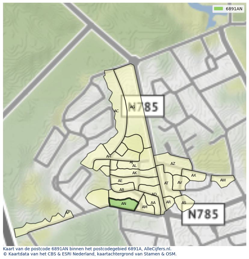 Afbeelding van het postcodegebied 6891 AN op de kaart.
