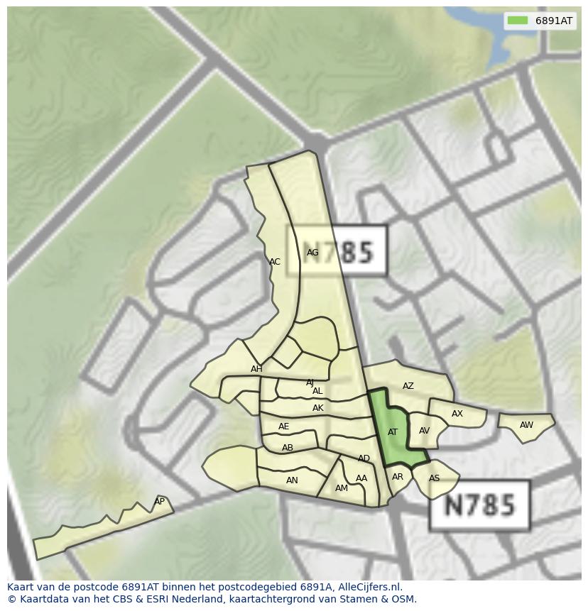Afbeelding van het postcodegebied 6891 AT op de kaart.