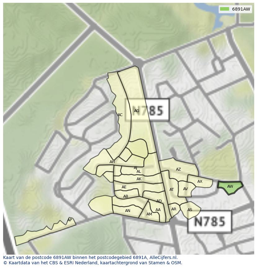 Afbeelding van het postcodegebied 6891 AW op de kaart.