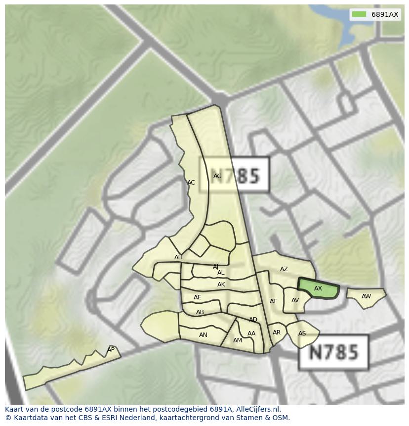 Afbeelding van het postcodegebied 6891 AX op de kaart.