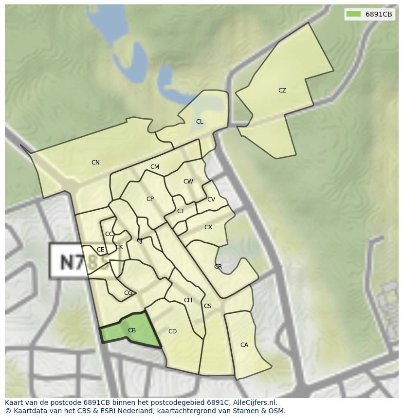 Afbeelding van het postcodegebied 6891 CB op de kaart.