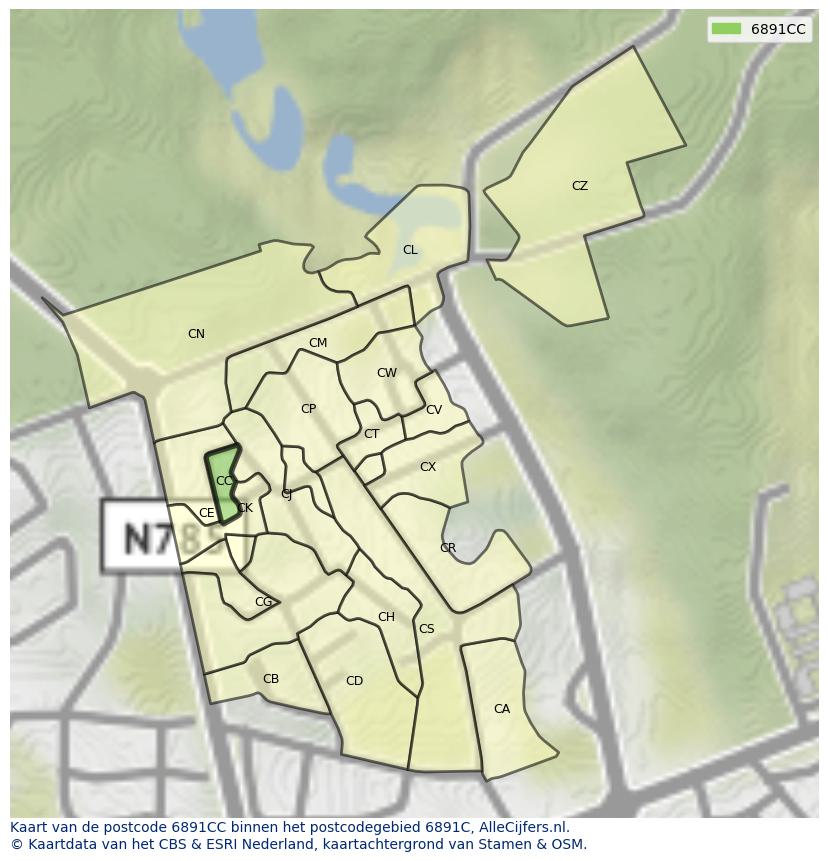 Afbeelding van het postcodegebied 6891 CC op de kaart.