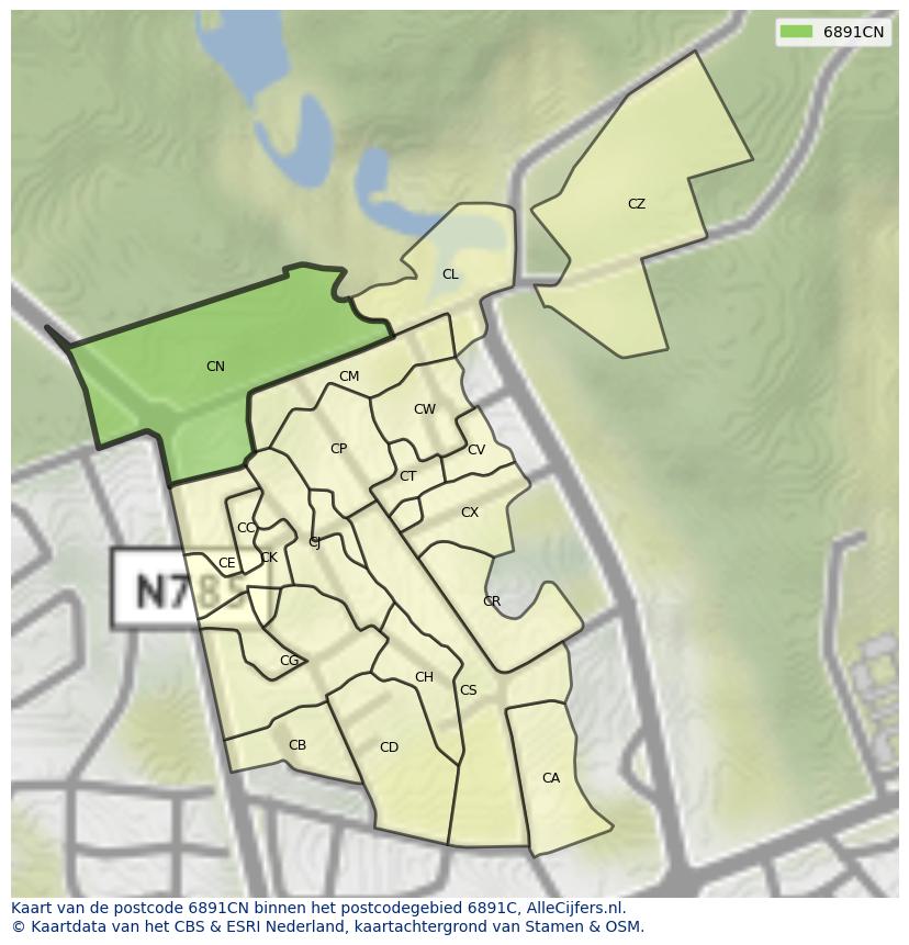 Afbeelding van het postcodegebied 6891 CN op de kaart.