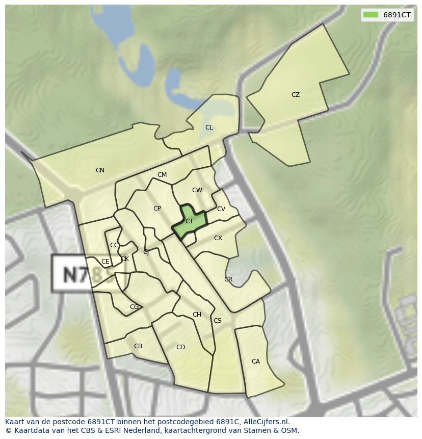 Afbeelding van het postcodegebied 6891 CT op de kaart.