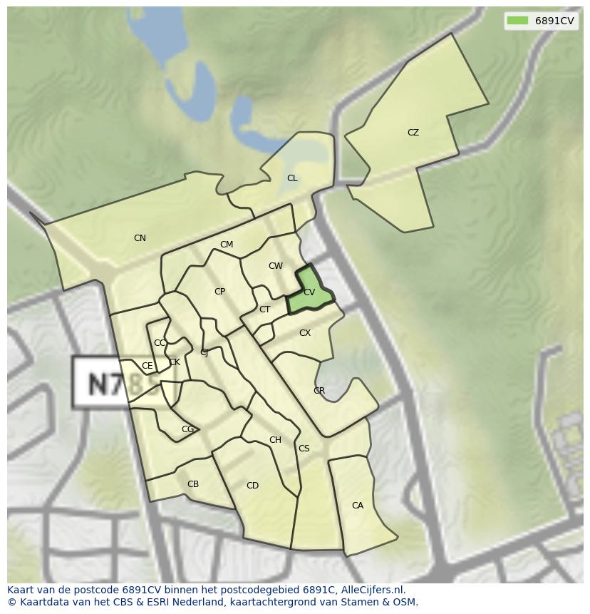 Afbeelding van het postcodegebied 6891 CV op de kaart.