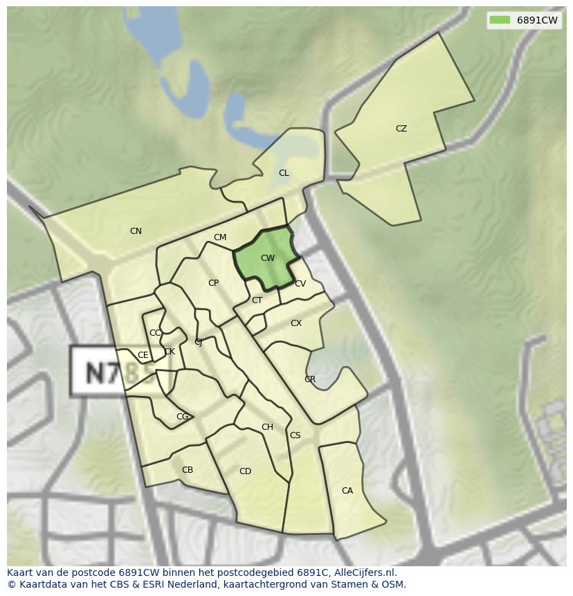 Afbeelding van het postcodegebied 6891 CW op de kaart.