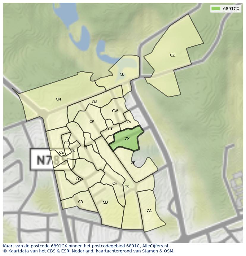 Afbeelding van het postcodegebied 6891 CX op de kaart.