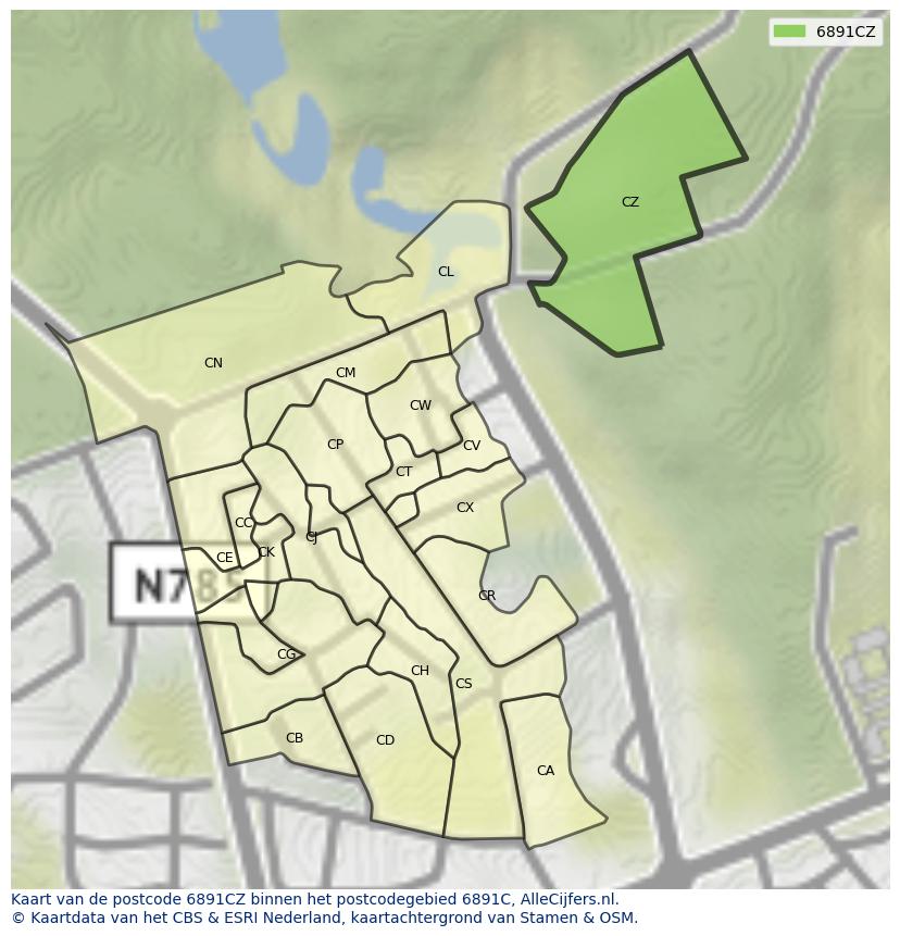 Afbeelding van het postcodegebied 6891 CZ op de kaart.
