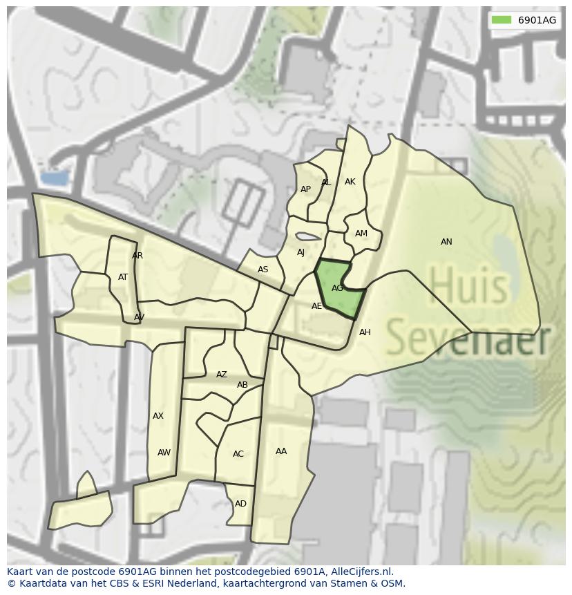 Afbeelding van het postcodegebied 6901 AG op de kaart.