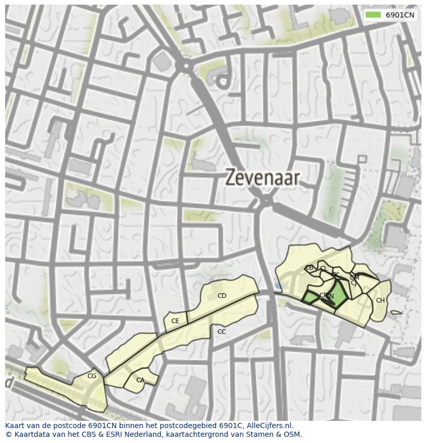 Afbeelding van het postcodegebied 6901 CN op de kaart.
