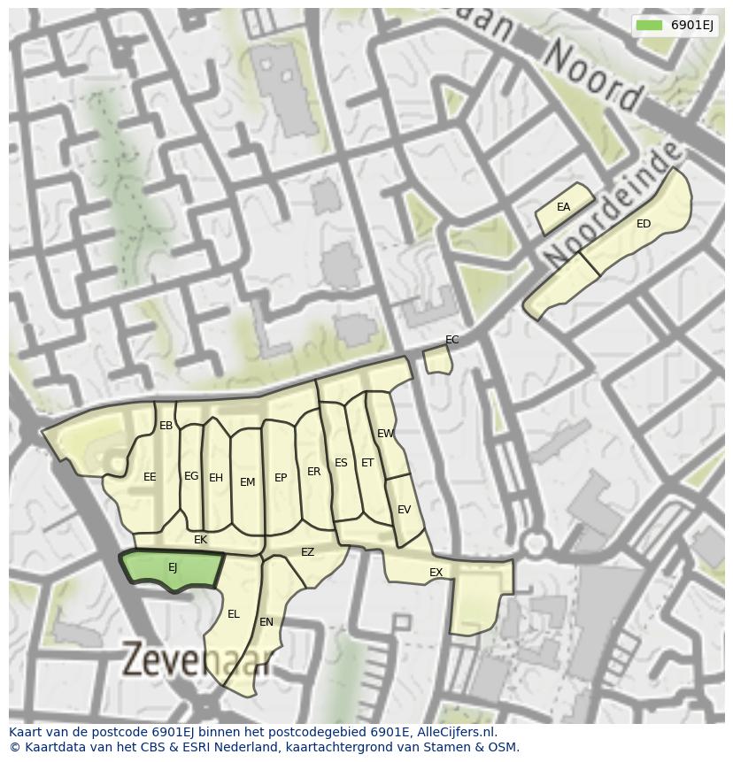 Afbeelding van het postcodegebied 6901 EJ op de kaart.