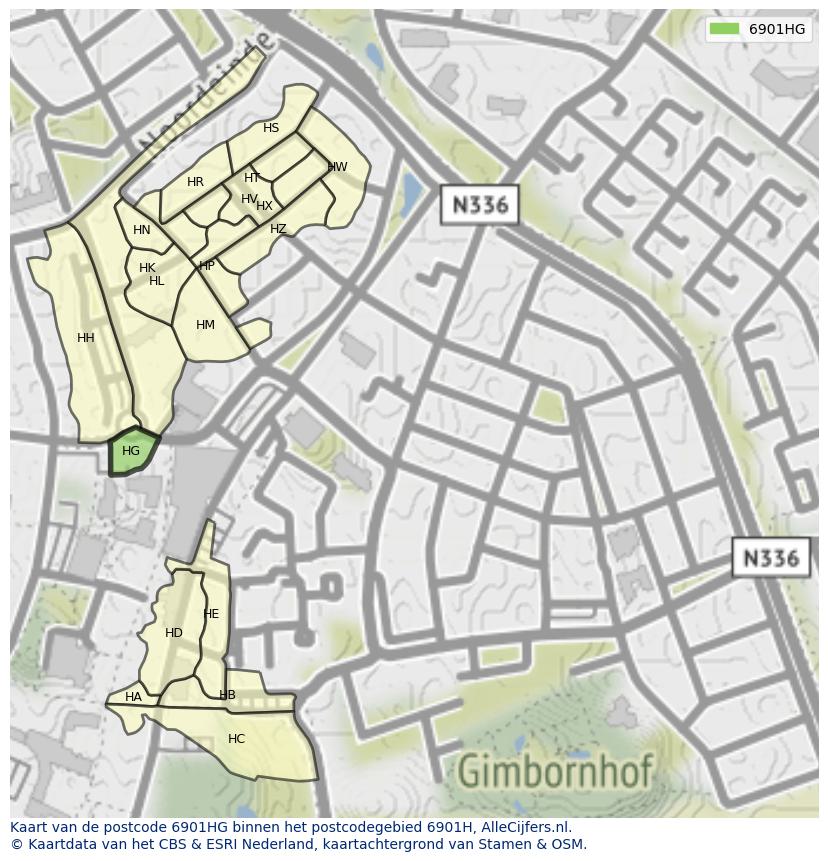 Afbeelding van het postcodegebied 6901 HG op de kaart.