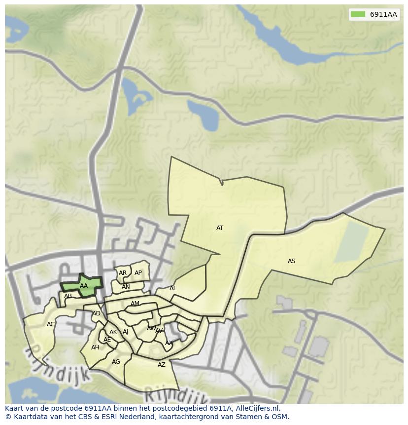 Afbeelding van het postcodegebied 6911 AA op de kaart.