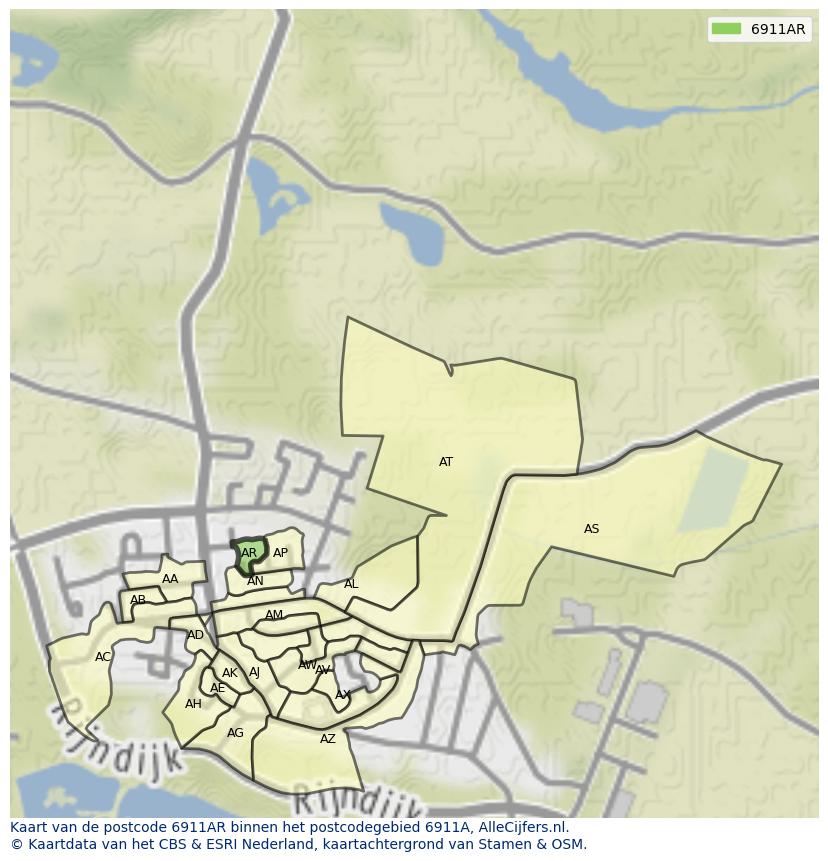 Afbeelding van het postcodegebied 6911 AR op de kaart.
