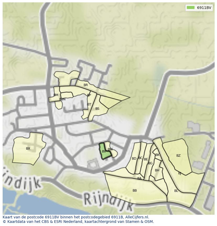 Afbeelding van het postcodegebied 6911 BV op de kaart.