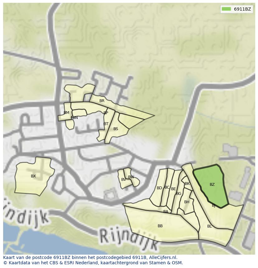 Afbeelding van het postcodegebied 6911 BZ op de kaart.