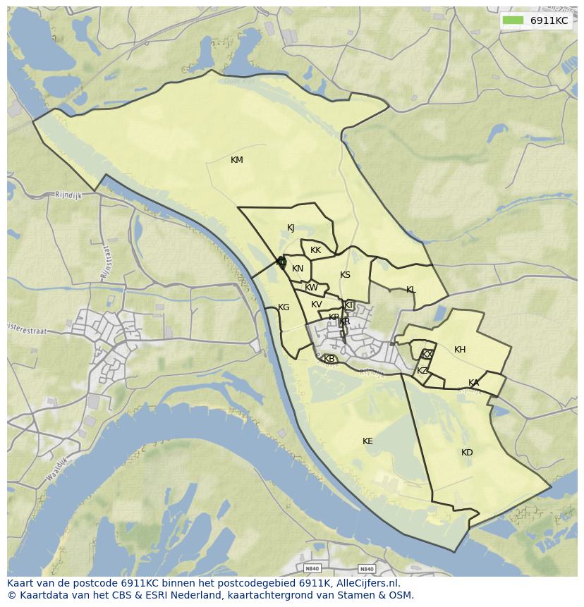 Afbeelding van het postcodegebied 6911 KC op de kaart.