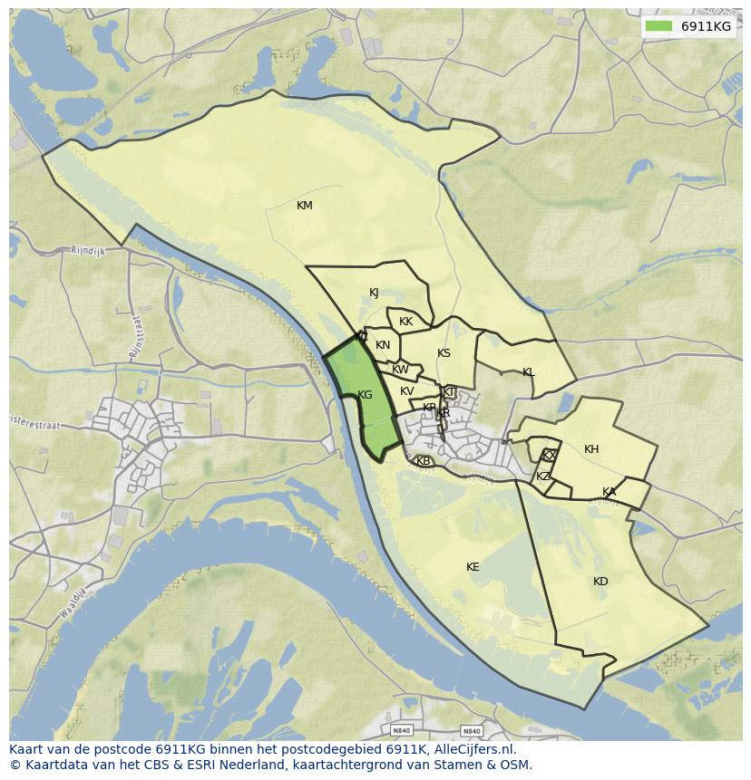 Afbeelding van het postcodegebied 6911 KG op de kaart.