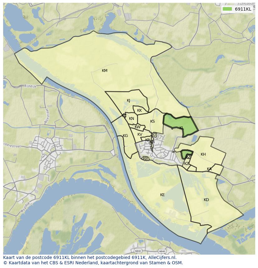 Afbeelding van het postcodegebied 6911 KL op de kaart.