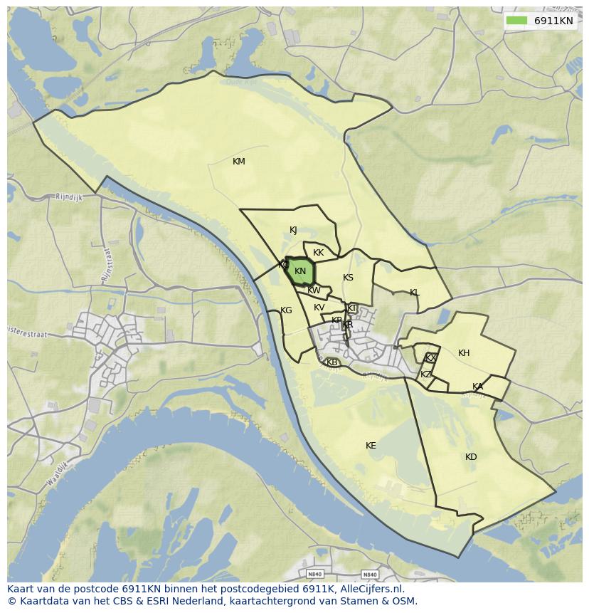 Afbeelding van het postcodegebied 6911 KN op de kaart.